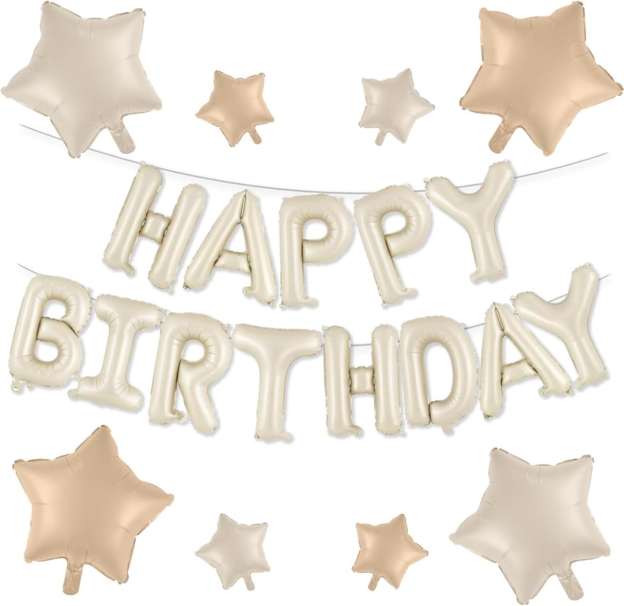 Happy Birthday Balloon Banner – 16” Cream Foil Letter Balloons with 8 Cream, Caramel & Brown Star Balloons for Women, Men, Boys & Girls Party Decorations (Cream)